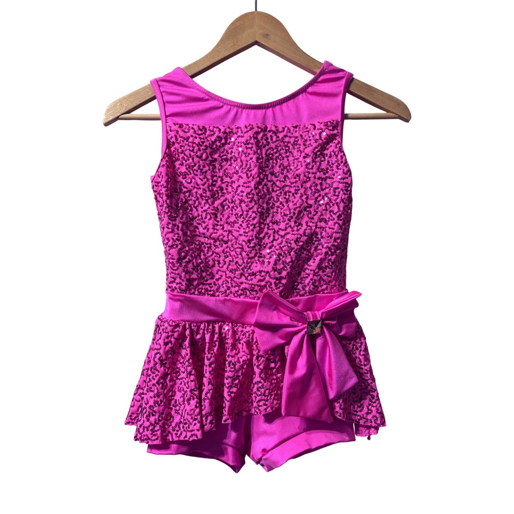 Weissman Sequin Dance Leotard Kids LC Pink Excellent Bow Keyhole Back 13027